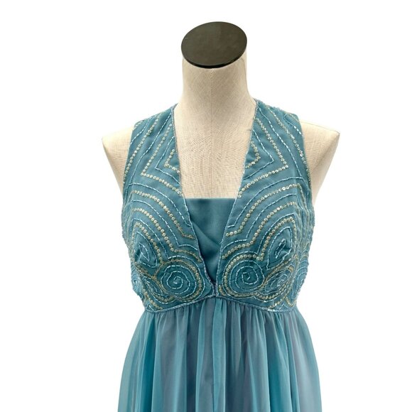 Lady of the Lake Blue Beaded 1970s Vintage Maxi Gown Flowy Skirt - Picture 4 of 10